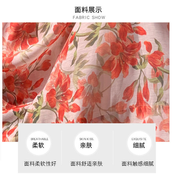 Summer Temperament Embroidered Red Floral Deep V Frill Halter Neck Backless Sleeveless A Line High Waist Holiday Boho Long Dress