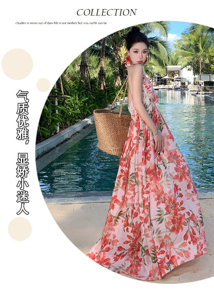 Summer Temperament Embroidered Red Floral Deep V Frill Halter Neck Backless Sleeveless A Line High Waist Holiday Boho Long Dress