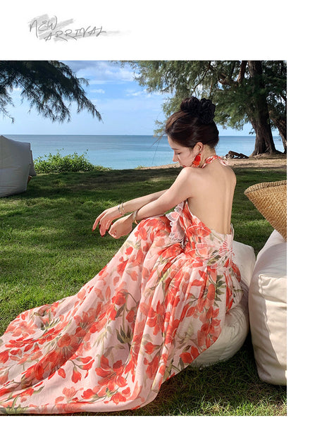 Summer Temperament Embroidered Red Floral Deep V Frill Halter Neck Backless Sleeveless A Line High Waist Holiday Boho Long Dress