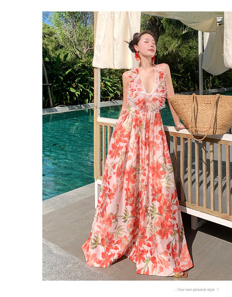 Summer Temperament Embroidered Red Floral Deep V Frill Halter Neck Backless Sleeveless A Line High Waist Holiday Boho Long Dress
