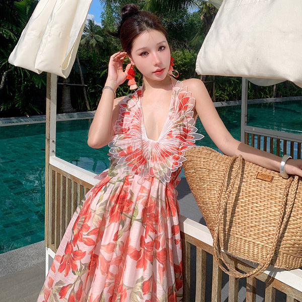 Summer Temperament Embroidered Red Floral Deep V Frill Halter Neck Backless Sleeveless A Line High Waist Holiday Boho Long Dress