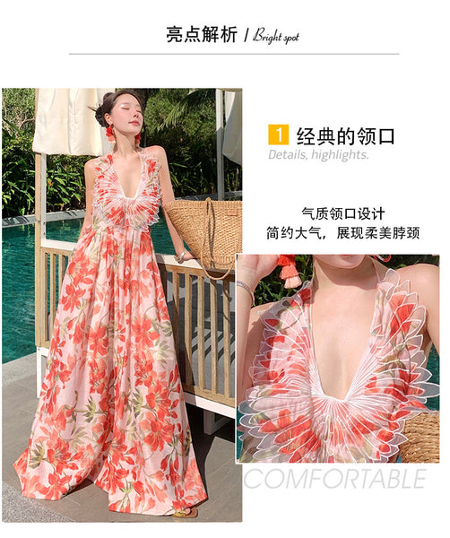 Summer Temperament Embroidered Red Floral Deep V Frill Halter Neck Backless Sleeveless A Line High Waist Holiday Boho Long Dress