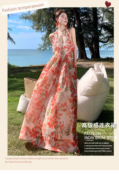 Summer Temperament Embroidered Red Floral Deep V Frill Halter Neck Backless Sleeveless A Line High Waist Holiday Boho Long Dress
