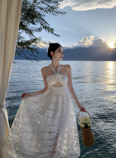 French Style Temperament Plaid Cutout Pattern Halter Neck Backless 3D Flower Brooch Hollow Tube Top High Waist Long A-Line Dress