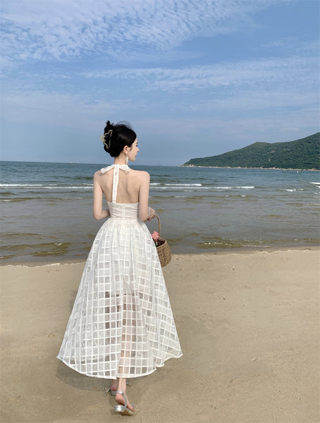 French Style Temperament Plaid Cutout Pattern Halter Neck Backless 3D Flower Brooch Hollow Tube Top High Waist Long A-Line Dress