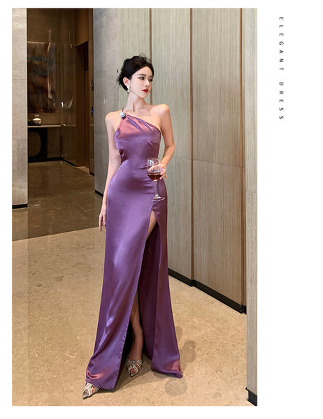 Purple Temperament Off Shoulder Ruched Zipper Backless Halter Neck Long Floor Length High Slit Evening Party Bodycon Dress