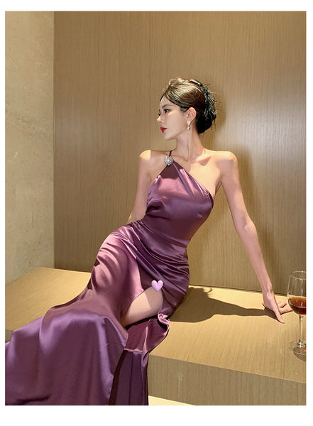 Purple Temperament Off Shoulder Ruched Zipper Backless Halter Neck Long Floor Length High Slit Evening Party Bodycon Dress