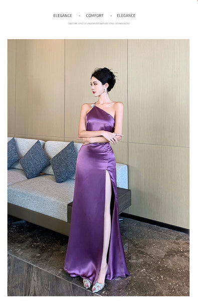 Purple Temperament Off Shoulder Ruched Zipper Backless Halter Neck Long Floor Length High Slit Evening Party Bodycon Dress