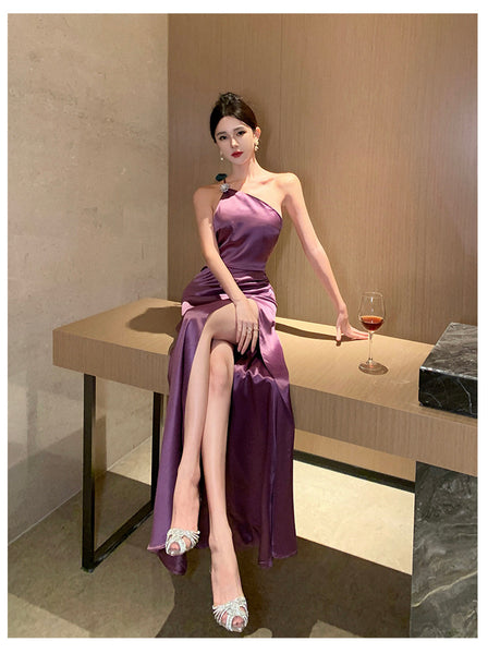 Purple Temperament Off Shoulder Ruched Zipper Backless Halter Neck Long Floor Length High Slit Evening Party Bodycon Dress