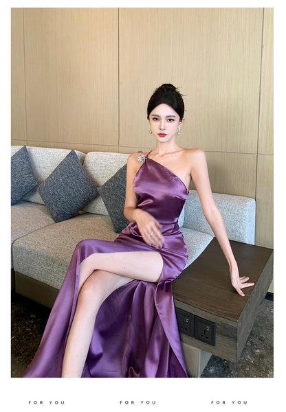 Purple Temperament Off Shoulder Ruched Zipper Backless Halter Neck Long Floor Length High Slit Evening Party Bodycon Dress