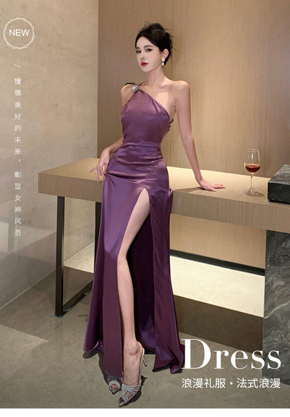 Purple Temperament Off Shoulder Ruched Zipper Backless Halter Neck Long Floor Length High Slit Evening Party Bodycon Dress