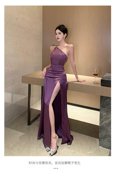 Purple Temperament Off Shoulder Ruched Zipper Backless Halter Neck Long Floor Length High Slit Evening Party Bodycon Dress