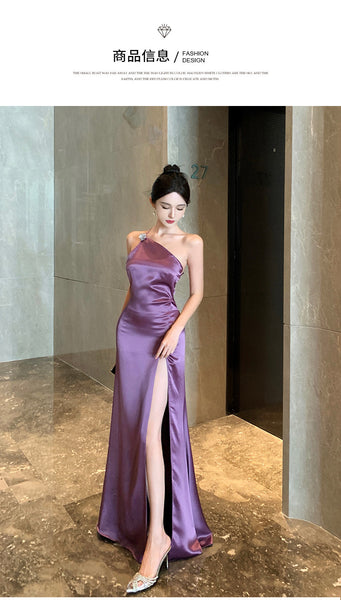 Purple Temperament Off Shoulder Ruched Zipper Backless Halter Neck Long Floor Length High Slit Evening Party Bodycon Dress