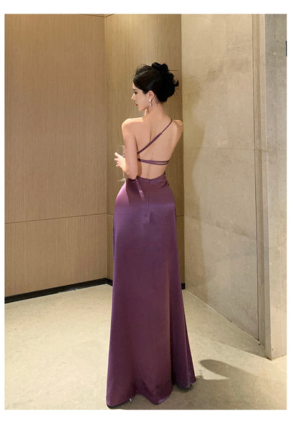 Purple Temperament Off Shoulder Ruched Zipper Backless Halter Neck Long Floor Length High Slit Evening Party Bodycon Dress