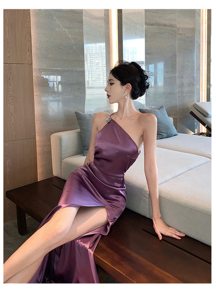 Purple Temperament Off Shoulder Ruched Zipper Backless Halter Neck Long Floor Length High Slit Evening Party Bodycon Dress