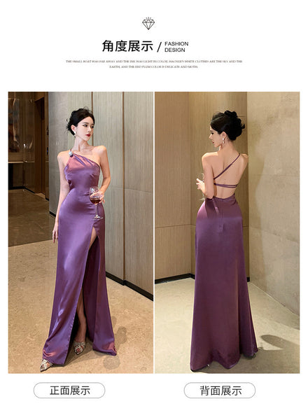 Purple Temperament Off Shoulder Ruched Zipper Backless Halter Neck Long Floor Length High Slit Evening Party Bodycon Dress