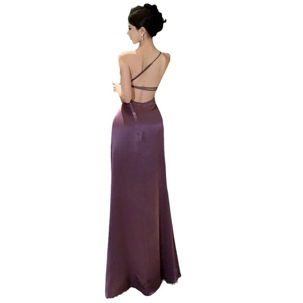 Purple Temperament Off Shoulder Ruched Zipper Backless Halter Neck Long Floor Length High Slit Evening Party Bodycon Dress