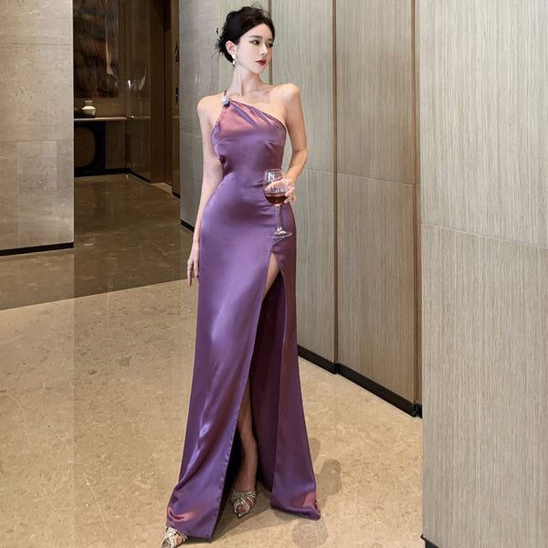 Purple Temperament Off Shoulder Ruched Zipper Backless Halter Neck Long Floor Length High Slit Evening Party Bodycon Dress