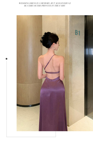 Purple Temperament Off Shoulder Ruched Zipper Backless Halter Neck Long Floor Length High Slit Evening Party Bodycon Dress