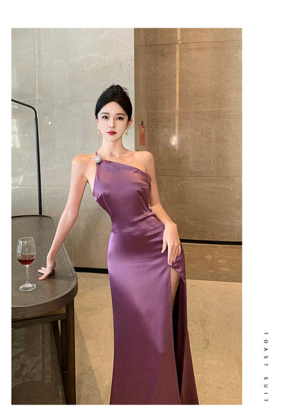 Purple Temperament Off Shoulder Ruched Zipper Backless Halter Neck Long Floor Length High Slit Evening Party Bodycon Dress