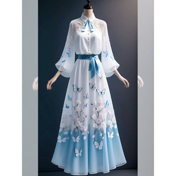 Traditional Vintage Elegant Women Hooded Collar A Line Bohemian Dress Long Bell Sleeves Loose Front Button Top Skirt Two in One Piece Set
