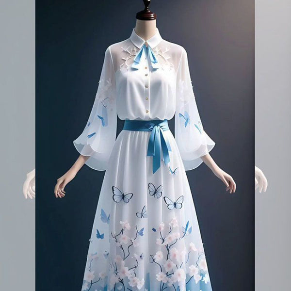 Traditional Vintage Elegant Women Hooded Collar A Line Bohemian Dress Long Bell Sleeves Loose Front Button Top Skirt Two in One Piece Set