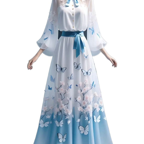 Traditional Vintage Elegant Women Hooded Collar A Line Bohemian Dress Long Bell Sleeves Loose Front Button Top Skirt Two in One Piece Set