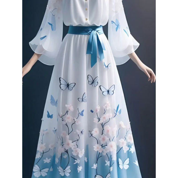 Traditional Vintage Elegant Women Hooded Collar A Line Bohemian Dress Long Bell Sleeves Loose Front Button Top Skirt Two in One Piece Set