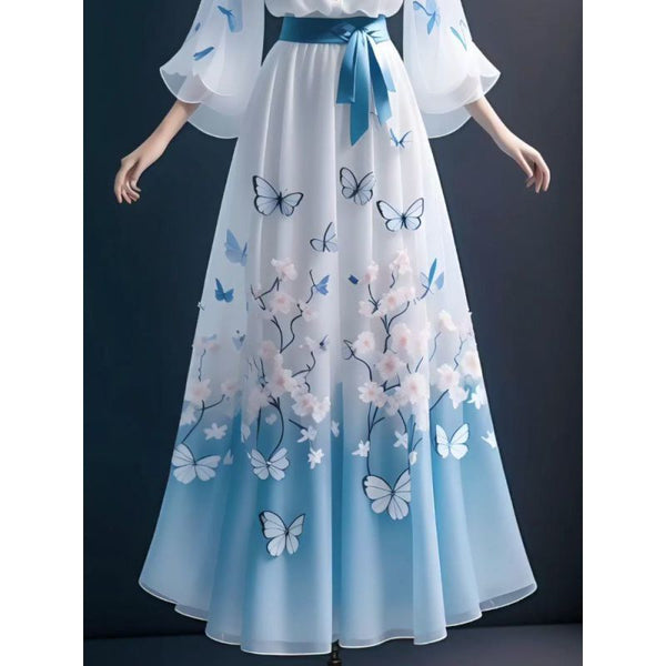 Traditional Vintage Elegant Women Hooded Collar A Line Bohemian Dress Long Bell Sleeves Loose Front Button Top Skirt Two in One Piece Set