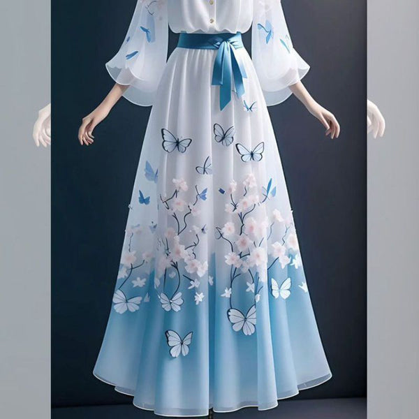 Traditional Vintage Elegant Women Hooded Collar A Line Bohemian Dress Long Bell Sleeves Loose Front Button Top Skirt Two in One Piece Set