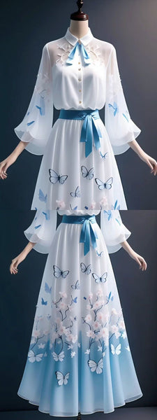 Traditional Vintage Elegant Women Hooded Collar A Line Bohemian Dress Long Bell Sleeves Loose Front Button Top Skirt Two in One Piece Set