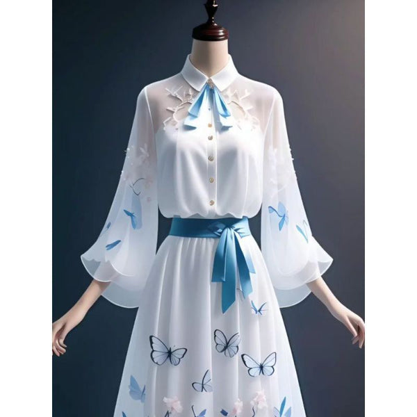 Traditional Vintage Elegant Women Hooded Collar A Line Bohemian Dress Long Bell Sleeves Loose Front Button Top Skirt Two in One Piece Set