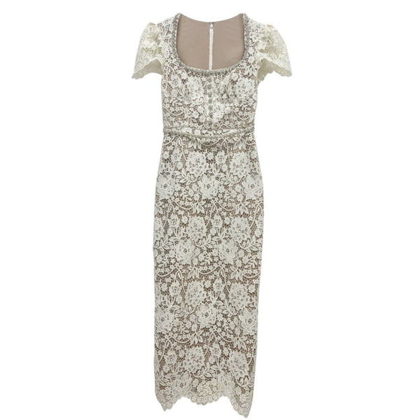 Temperament Vintage Elegant Puff Sleeve Back Split Square Collar Floral Pattern Lace Long Bodycon Dress
