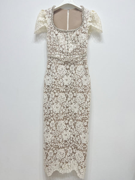 Temperament Vintage Elegant Puff Sleeve Back Split Square Collar Floral Pattern Lace Long Bodycon Dress