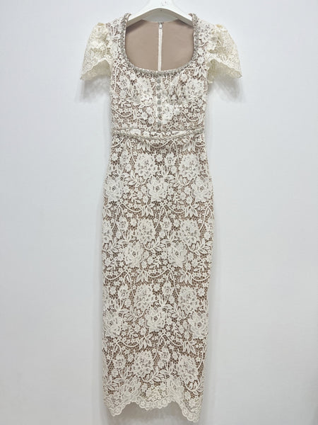 Temperament Vintage Elegant Puff Sleeve Back Split Square Collar Floral Pattern Lace Long Bodycon Dress