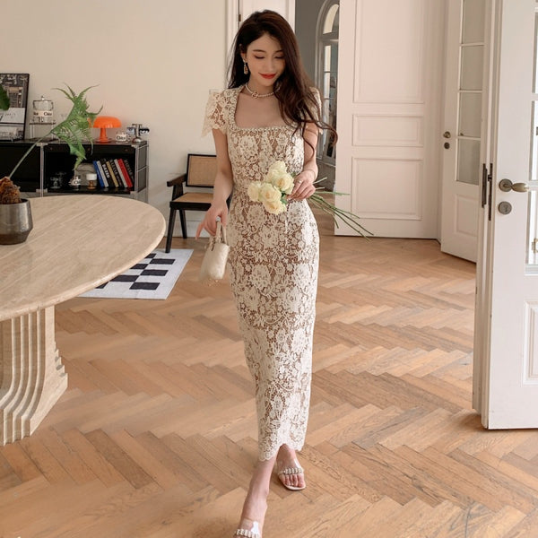 Temperament Vintage Elegant Puff Sleeve Back Split Square Collar Floral Pattern Lace Long Bodycon Dress