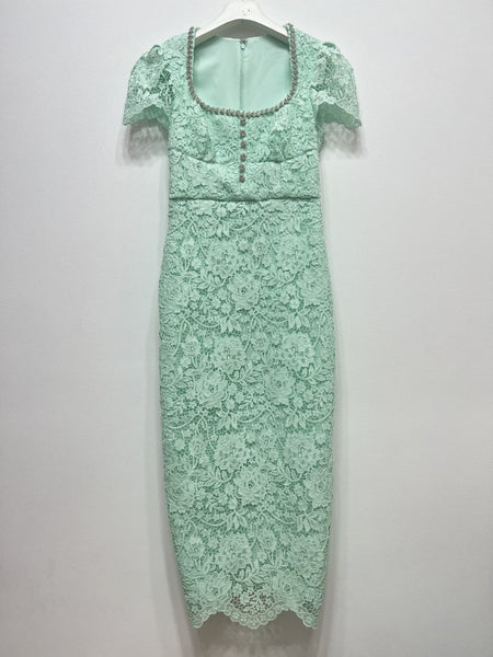 Temperament Vintage Elegant Puff Sleeve Back Split Square Collar Floral Pattern Lace Long Bodycon Dress