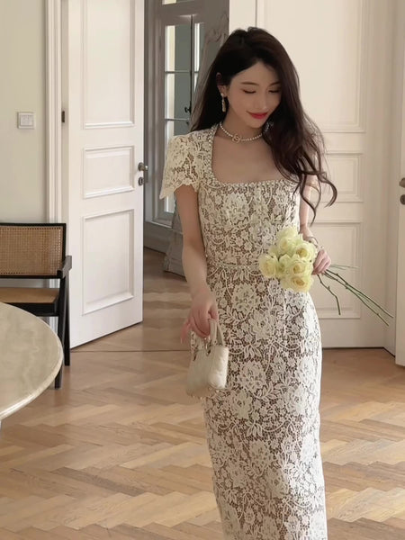 Temperament Vintage Elegant Puff Sleeve Back Split Square Collar Floral Pattern Lace Long Bodycon Dress