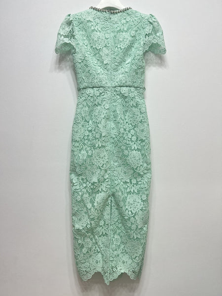 Temperament Vintage Elegant Puff Sleeve Back Split Square Collar Floral Pattern Lace Long Bodycon Dress