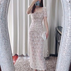 Temperament Vintage Elegant Puff Sleeve Back Split Square Collar Floral Pattern Lace Long Bodycon Dress