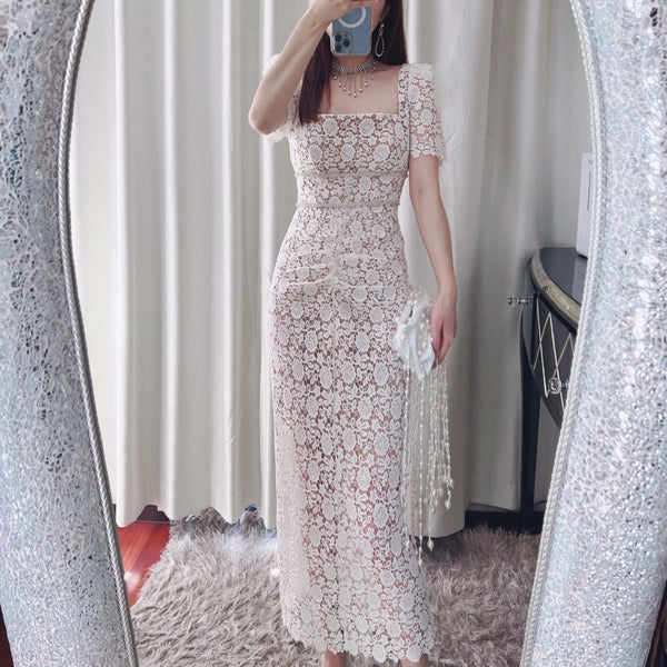 Temperament Vintage Elegant Puff Sleeve Back Split Square Collar Floral Pattern Lace Long Bodycon Dress