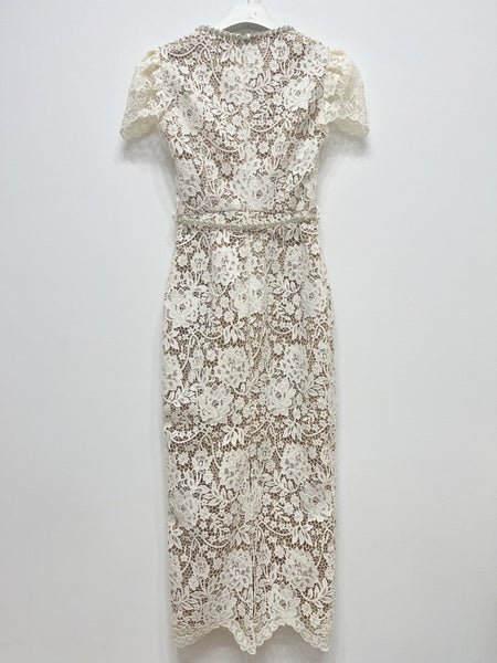 Temperament Vintage Elegant Puff Sleeve Back Split Square Collar Floral Pattern Lace Long Bodycon Dress