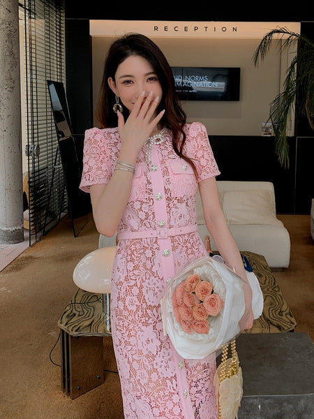 Summer Women Luxury Translucent Bow Front Button Pink Short Sleeve Lace Zippers High Waist Long A Line Dress