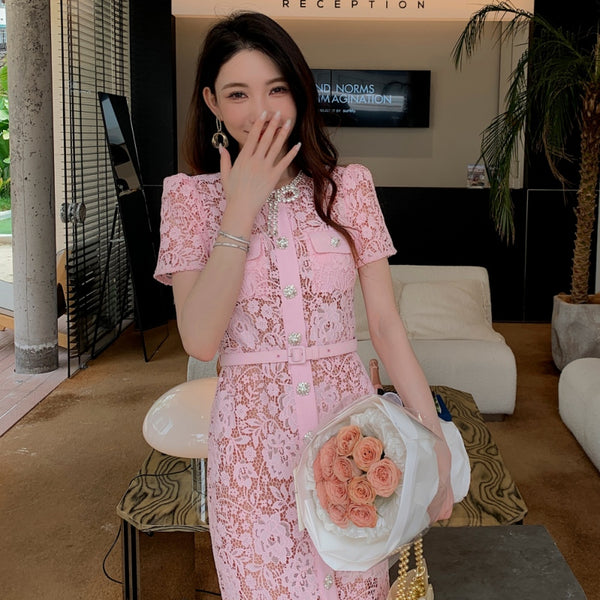 Summer Women Luxury Translucent Bow Front Button Pink Short Sleeve Lace Zippers High Waist Long A Line Dress