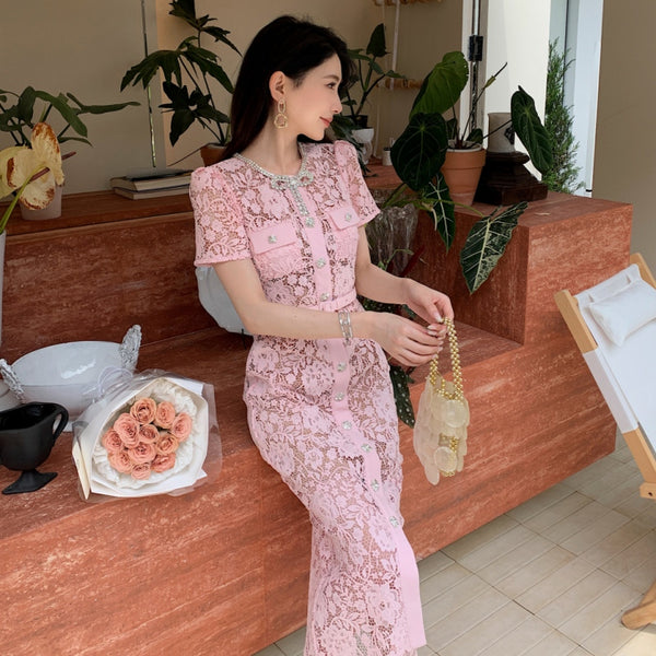 Summer Women Luxury Translucent Bow Front Button Pink Short Sleeve Lace Zippers High Waist Long A Line Dress
