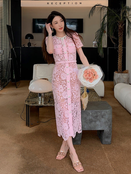 Summer Women Luxury Translucent Bow Front Button Pink Short Sleeve Lace Zippers High Waist Long A Line Dress