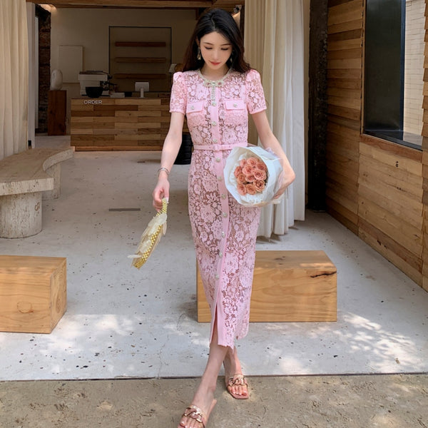 Summer Women Luxury Translucent Bow Front Button Pink Short Sleeve Lace Zippers High Waist Long A Line Dress