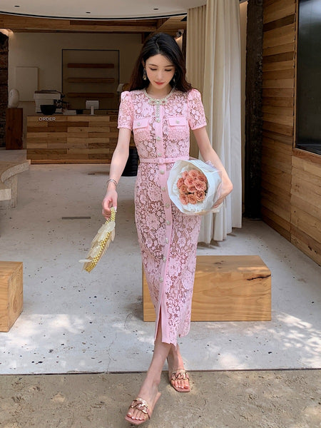 Summer Women Luxury Translucent Bow Front Button Pink Short Sleeve Lace Zippers High Waist Long A Line Dress