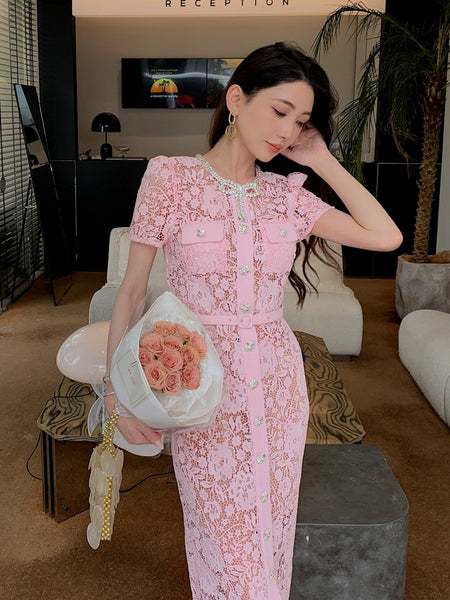 Summer Women Luxury Translucent Bow Front Button Pink Short Sleeve Lace Zippers High Waist Long A Line Dress