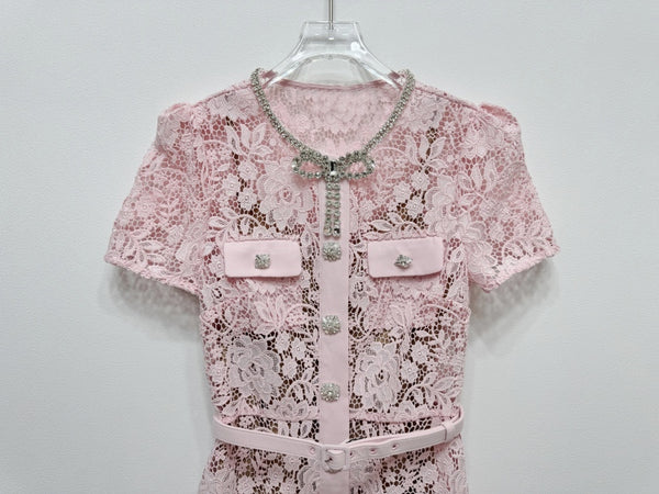 Summer Women Luxury Translucent Bow Front Button Pink Short Sleeve Lace Zippers High Waist Long A Line Dress
